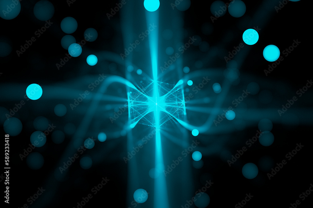 Poster blue blurred pattern of curved waves and rays with round spots on a black background. abstract fract
