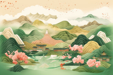 Spring landscape painting in Chinese painting style.