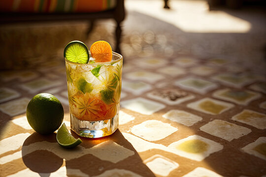 Generative AI illustration with high angle of glass of refreshing iced cocktail beverage garnished with lime and orange placed on orange tile floor indoors