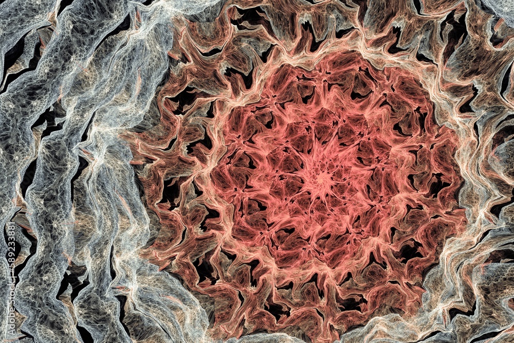 Poster red gray swirling pattern of crooked waves on a black background. abstract fractal 3d rendering