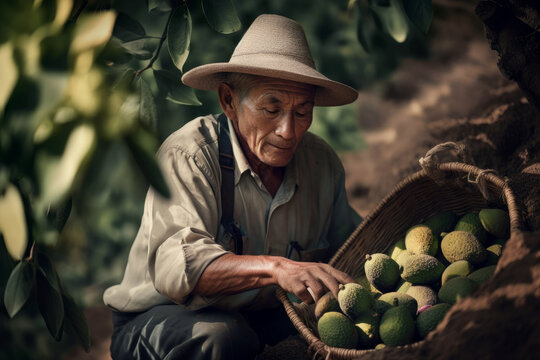 Generative AI image of elderly ethnic male farmer in hat looking down while keeping avocado fruits in basket under tree in daylight against blurred background