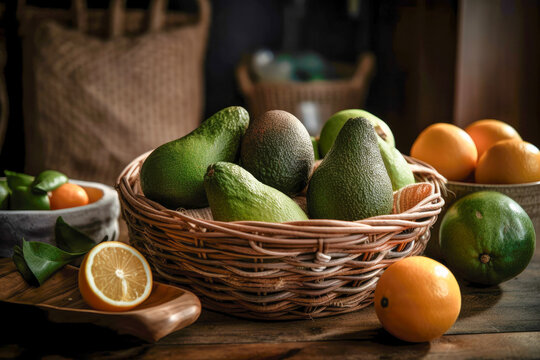 Generative AI image of organic avocado and orange fruits kept in baskets while placed on table with citrus slice in daylight against blurred background