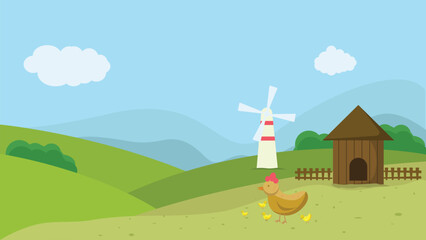Chicken farm background cartoon. chicken house, land, windmill, gate, mountain, clouds vector illustration.  © rangga