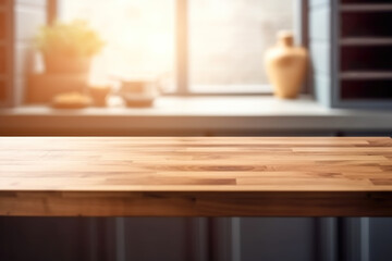 A wooden table in a kitchen with a window behind it