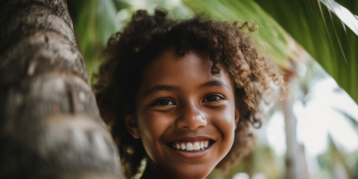Generative AI illustration of cheerful curly haired African American girl standing near tree and looking at camera