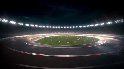 Fototapeta na wymiar Circular asphalt racing track with cheering fans and illuminated floodlights, Generative AI