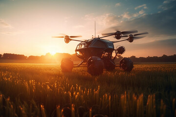 Generative AI image of future farmer multi purpose drone in use for spraying pesticides in agriculture fields during sunset against cloudy blue sky