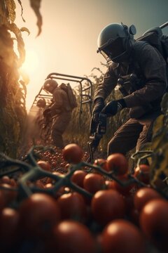 Generative AI image of future farm workers in machine attire and helmet working on tomato agriculture field and collecting harvest during sunset time
