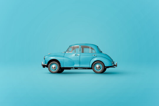 Retro car parked on blue background