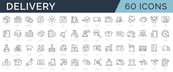 Set of 60 line icons related delivery and logistics. Outline icon collection. Editable stroke. Vector illustration