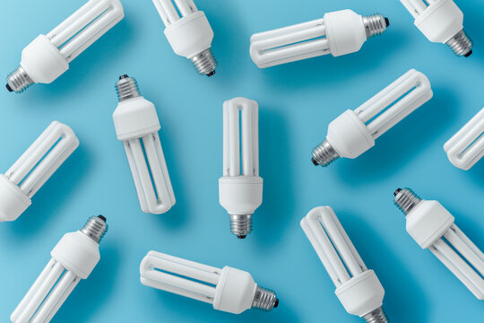 Collection of various light bulbs on blue background