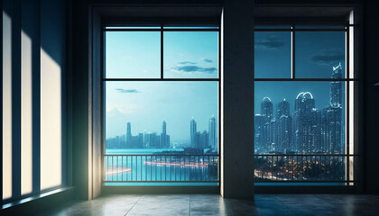 Empty loft unfurnished contemporary interior with city skyline, view from glass window. Modern design. Generative AI