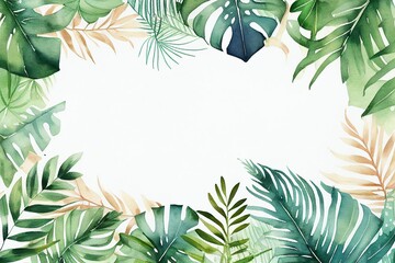 Watercolor Tropical Jungle Background Frame of Palm Tree Leave,Generative AI