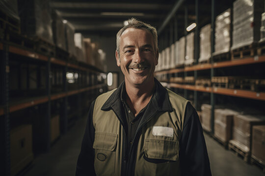 Generative AI illustration of mature male worker in casual coverall clothes smiling and looking at camera while standing in modern store