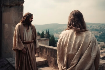 Naklejka premium The devil tempts Jesus on the highest point of the temple. Generative AI.