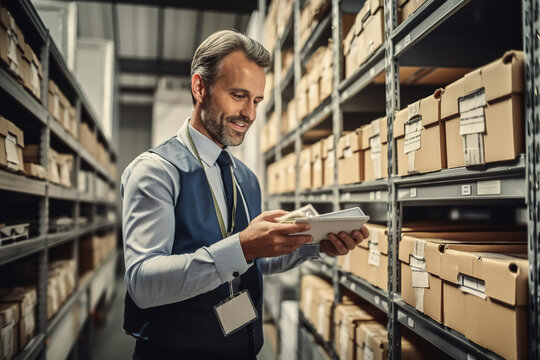 Generative AI portrait with side view of serious matured male manager in formal clothes standing near shelves with boxes while taking records and working in modern warehouse