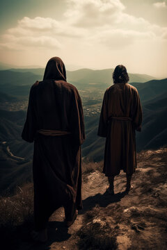 The devil tempts Jesus on the very high mountain. Generative AI.