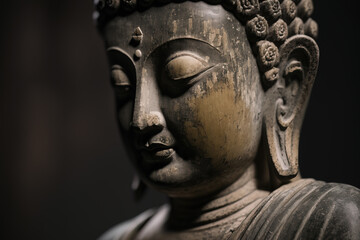 Fototapeta na wymiar Generative AI. Meditating Buddha Statue on dark background. Soft focus. Close up. Copy space.