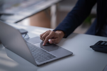 Fototapeta premium Portrait of Smiling young male employee feel euphoric sitting at his desk using the laptop at office.