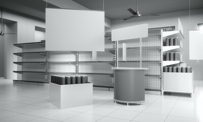 Box with products, packages mockup, Shelves in supermarket, Banner hangging in store, 3D rendering