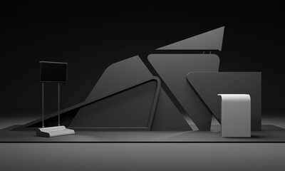 Fair Trade Booth Isolated, Advertising POS POI Promotion Counter, Black Exhibition Stand, 3D rendering	
