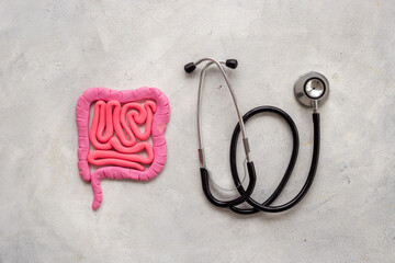 Digestive colon system health concept. Intestines shape made of plasticine with stethoscope