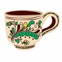 Clay mug in the style of Ukrainian folk art.