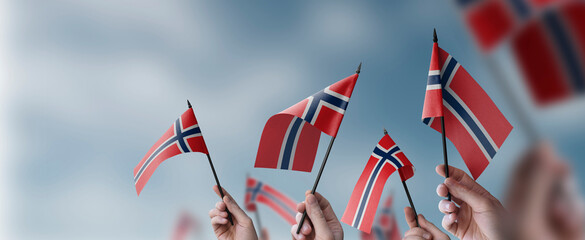 A group of people holding small flags of the Norway in their hands - obrazy, fototapety, plakaty