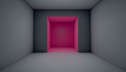 Interior simple classic empty room with pink and gray walls and floor. Copy space. Generative AI