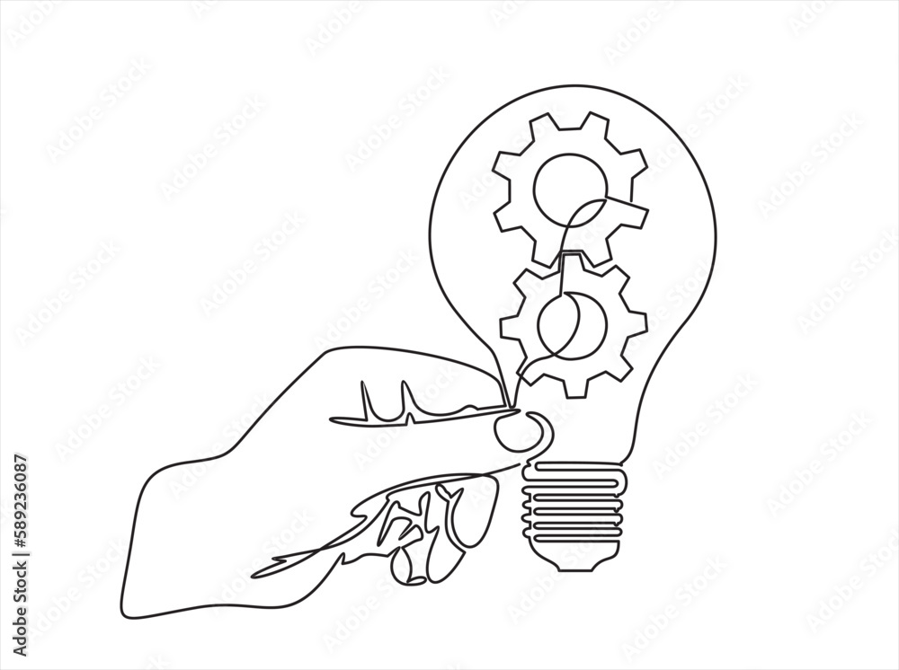 Poster continuous line drawing of hand holding lightbulb with gears inside as line drawing on white backgro