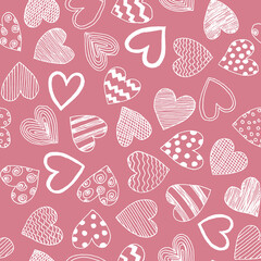 Hand drawn line art different shaped white hearts with waves,stripes,lines and dots as simple seamless pattern.Minimalistic Valentine's Day pastel pink background for cards,invitation,wrapping paper.
