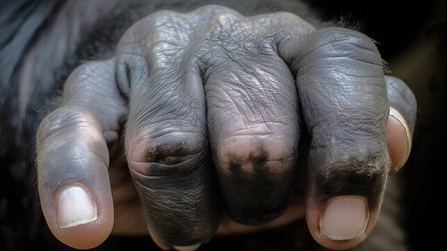 Extreme close up on gorilla's hand in dark scene. AI Generated.