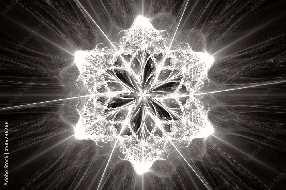 Poster white floral pattern of curved waves and rays on a black background. abstract fractal 3d rendering
