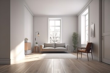 Fototapeta na wymiar Bright living room interior with white empty wall | Beautiful contemporary living room home interior | Modern kitchen and modern living room in white interior design, Generative AI