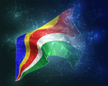 Seychelles,  vector flag, virtual abstract 3D object from triangular polygons on a blue background