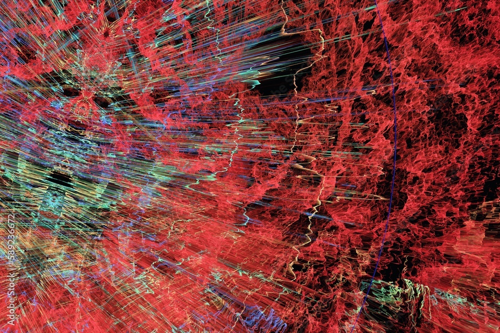 Poster red green pattern of crooked waves on a black background. abstract fractal 3d rendering
