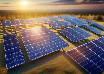 Aerial view of solar photovoltaic panels for new energy outdoors at sunrise with wind power generating. Created with Generative AI technology