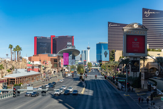 Las Vegas, United States - November 24, 2022: A picture of the Las Vegas Boulevard South with traffic, palm trees and casinos on both sides of it.
