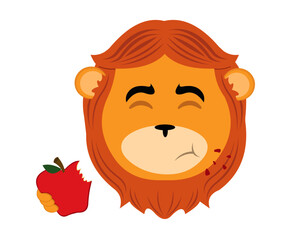 vector illustration face of a cartoon lion eating a red apple