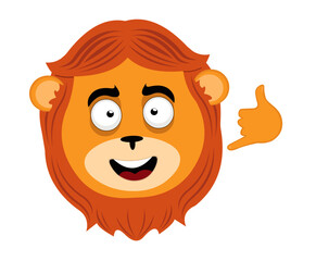 vector illustration face of a cartoon lion, a cheerful expression, making a call me by phone or shake gesture with his hand