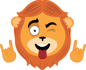 vector illustration face of a lion cartoon with tongue out, winking and hands making the classic gesture of heavy metal