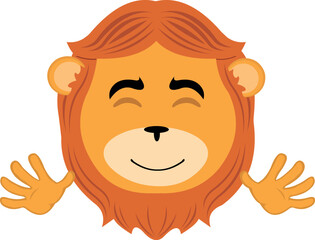 vector illustration face of a lion cartoon, a cheerful expression and greeting with his hands