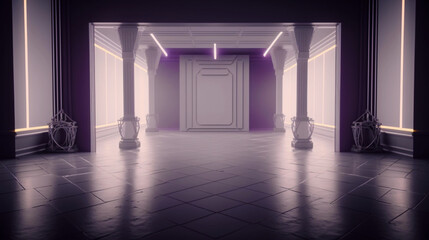 Empty interior luxury studio room with gray and purple walls. Dark design. Glowing light. Hallway or corridor. Modern design. Generative AI