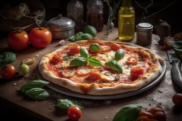 Obraz na płótnie Canvas A pizza on a table with ingredients, generative ai