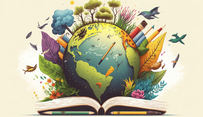 plants forming planet earth, teaching climate literacy in schools, climate education to safe planet earth, Various books, pencils, earth day. Generative AI