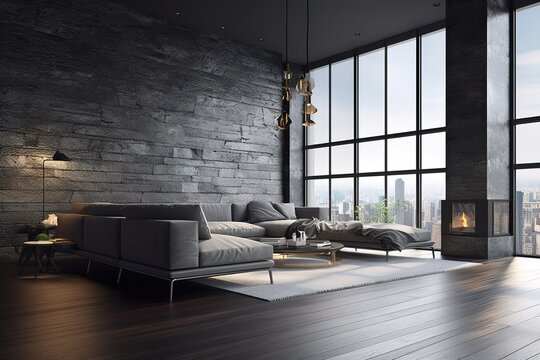 interior of modern living room | Stylish living room interior with comfortable dark wall | Modern interior living room design and black wall pattern texture background ,Generative AI