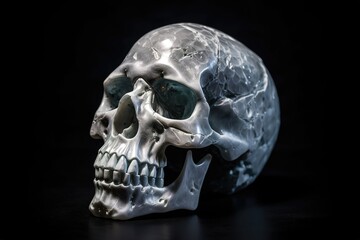 Skull made of lithium close up shot. Black background. Generative AI