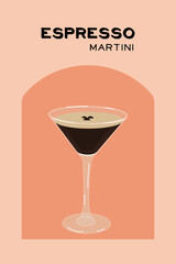 Vintage poster cocktail espresso martini with coffee beans. Flat beverage on color background - obrazy, fototapety, plakaty