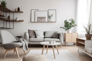 White minimalist living room interior with sofa on a wooden floor, decor on a large wall, white landscape in window. Home Nordic interior | Scandinavian interior poster mock up,Generative AI