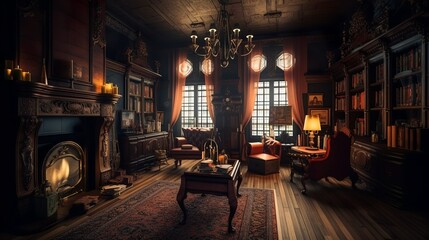 Cozy victorian mansion interior with furnitures and cozy armchairs with steampunk touch generative ai